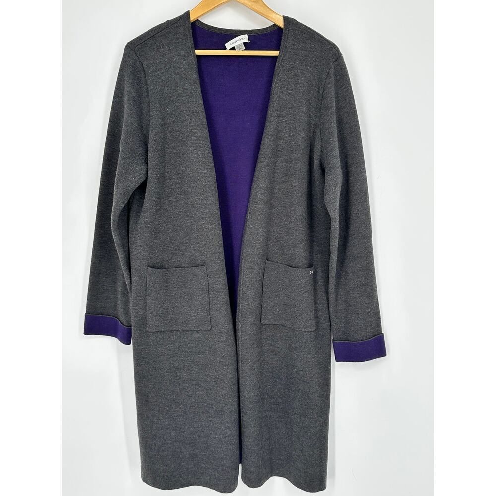 Calvin Klein Open Front Long Cardigan Gray Purple Knit Sweater Coatigan Size L